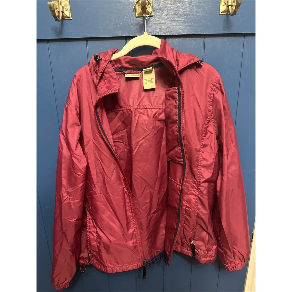 LL Bean Women's Jacket Hooded Full Zip Windbreaker Zippered Pockets L Redish